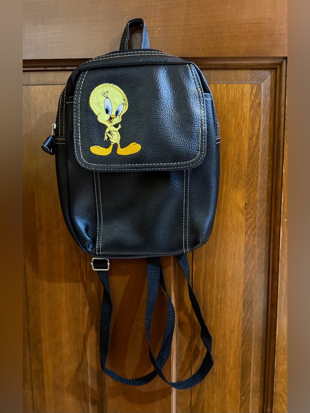 Vintage 90s Tweety Bird Mini Faux Leather Black Backpack Bag Looney Tunes 1999